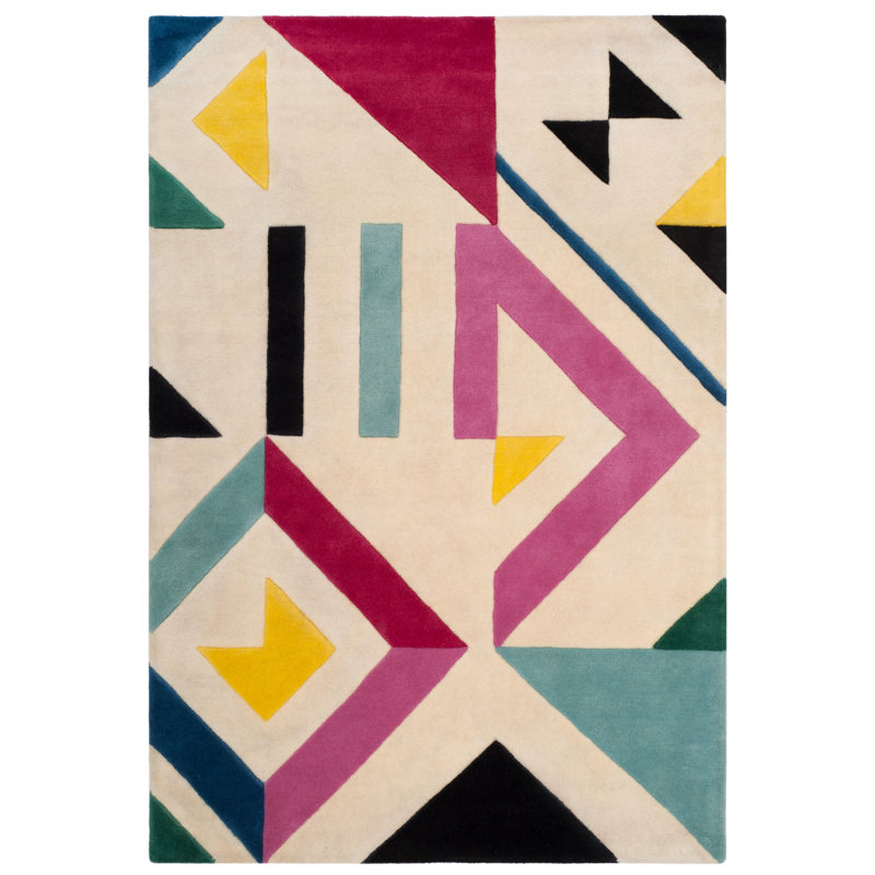 Tapis ivoire / rose / noir en laine touffeté à la main Harsirat, Rectangle 4 pi x 6 pi