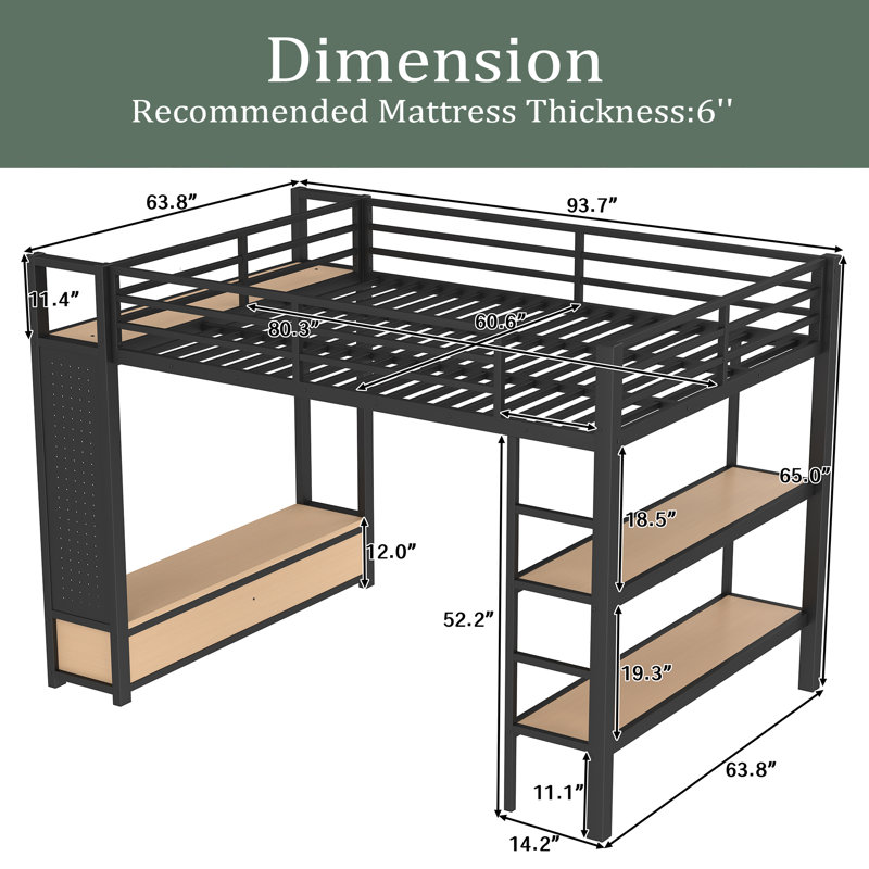 Loft Bed Frame With Wardrobe,Metal Loft Bed With Storage Shelves And Pegboard, Queen