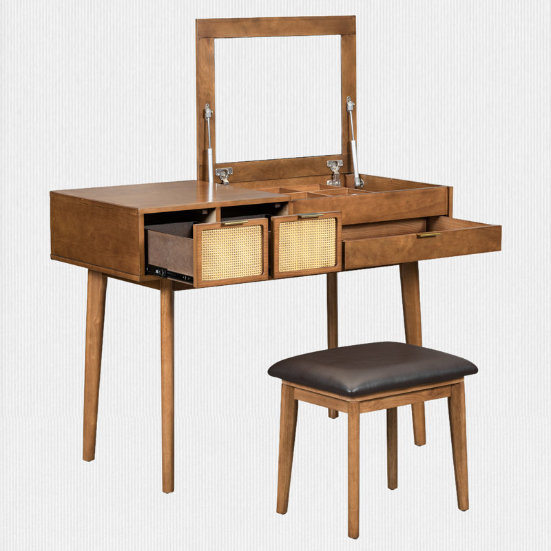 43.3“ Free-standing Vanity with 3 Drawers, Flip-top Mirror and 1 Stool