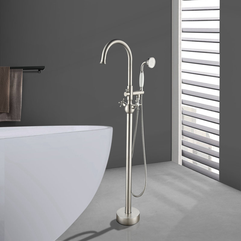 45 1/4 po Robinet de baignoire autoportant à 2 poignées avec pomme de douche à main, Nickel brossé