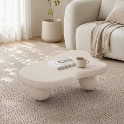 40‑Inch Cloud‑Shaped Irregular Coffee Table with 3 Round Ball Legs, Modern MDF Coffee Table for Living Room