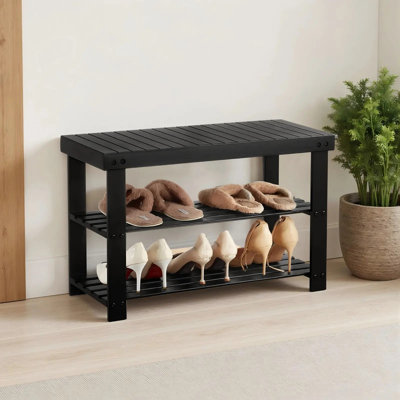 Banc à chaussures à 3 niveaux en bambou, pouvant supporter jusqu'à 130 kg, dimensions : 70 x 29 x 45 cm, idéal pour l'entrée, le corridor, le salon ou la chambre, noir.