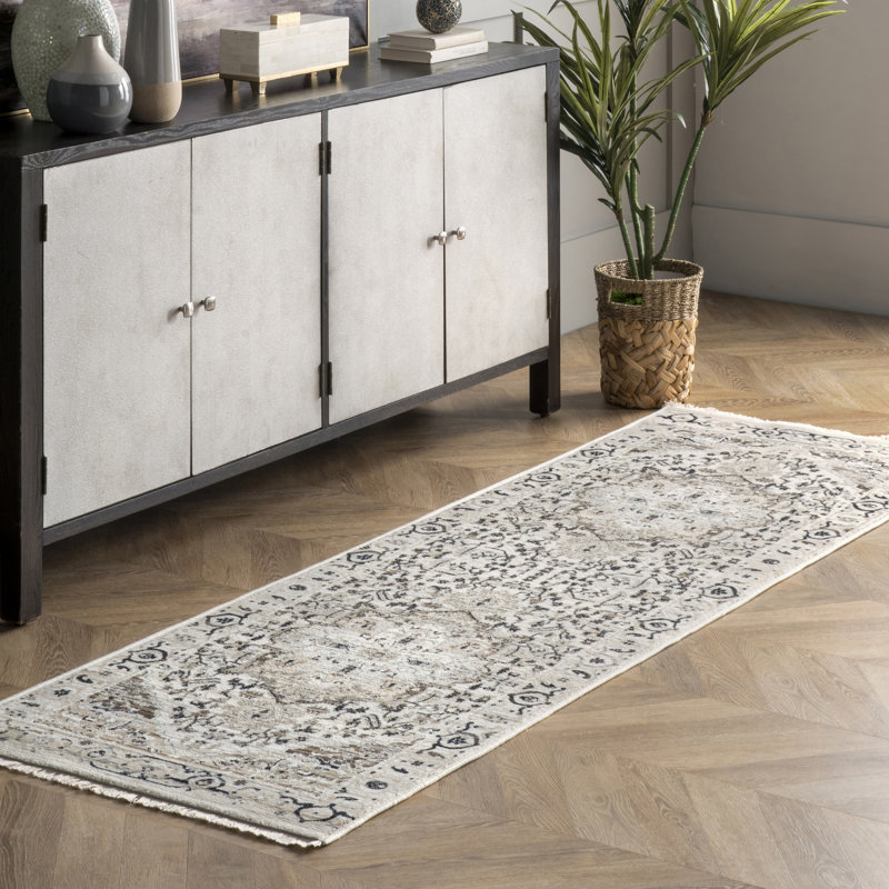 Uriegas Performance Medallion Fringed Beige/Gray/Brown Rug, Runner 2'8" x 8'
