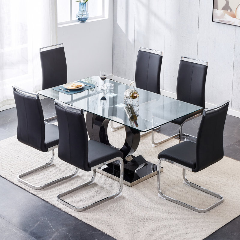 Crystalynn Modern 63-Inch Rectangular Glass Top Dining Table Set, Black, 7 Pieces: Table, 6 Chairs
