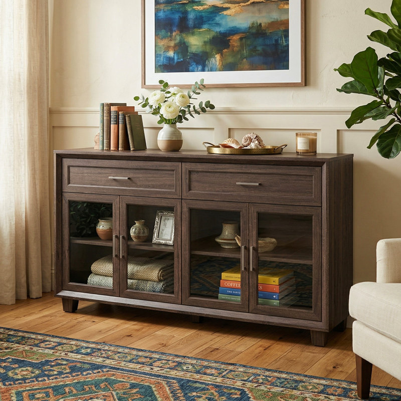 Commode d'appoint 2 tiroirs 4 portes au design rustique, Brun