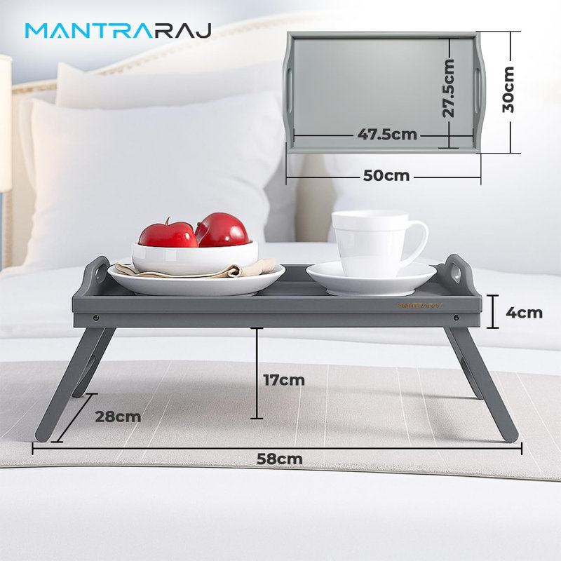 Amorete Tray Bamboo Bed Tray Table with Foldable Legs And Handles Breakfast Tray Pack Of 2 (Grey)