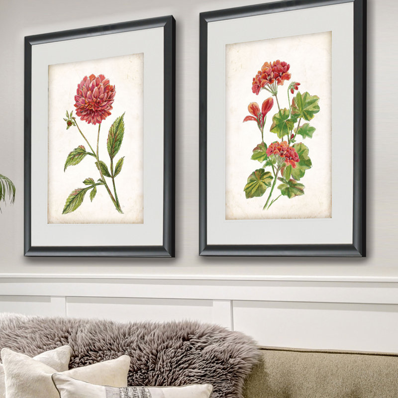 «Scarlet Botanical I», ensemble de 2 reproductions d'impressions encadrées, Cadre noir