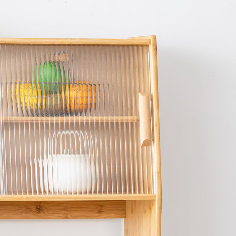 Buffet de cuisine en bambou avec crochets, grand garde-manger avec 4 portes en verre trempé, tablette à micro-ondes, buffet de rangement autoportant pour la salle à manger (moitié supérieure - 32 po)