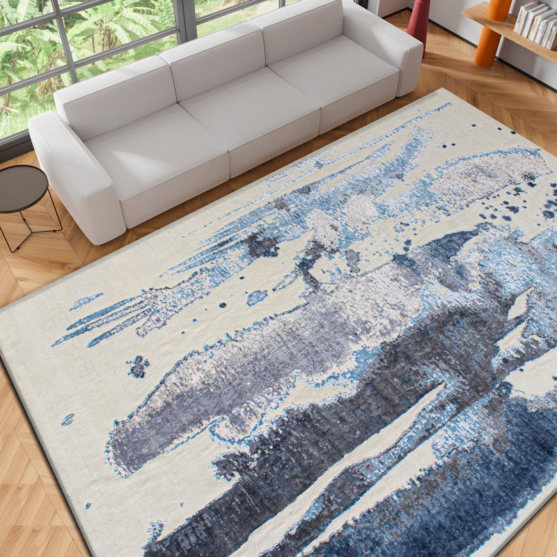 Tapis ivoire / turquoise en laine noué à la main Abstract, Rectangle 9 pi x 12 pi