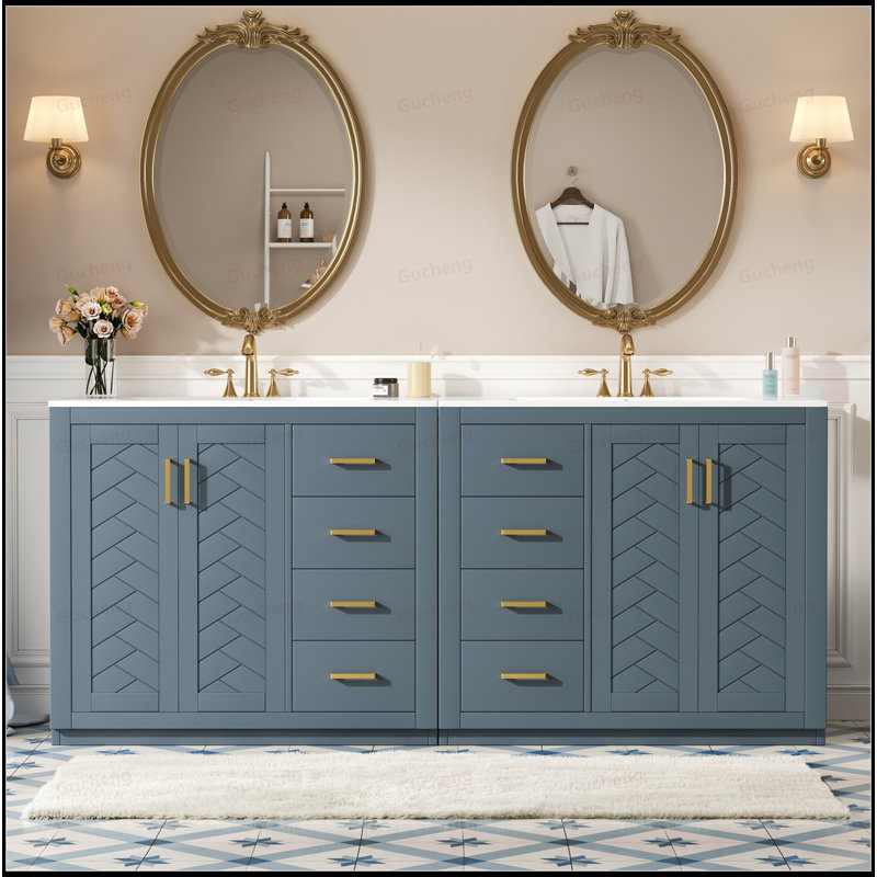 Armoire de rangement de meuble-lavabo sur pied 72 po avec lavabo en céramique, Bleu