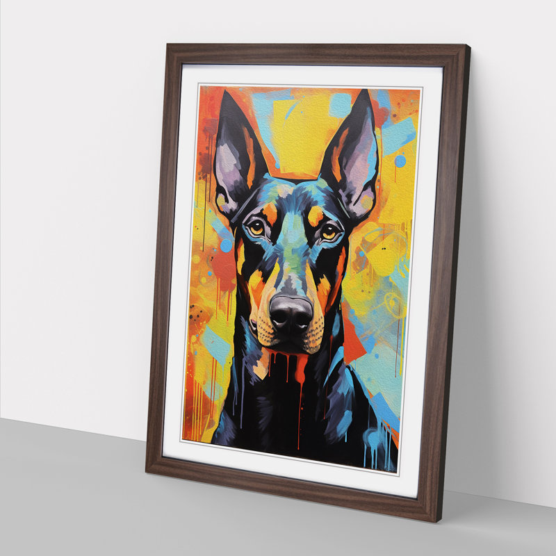 Doberman Expressionism - Single Picture Frame Print on Wood, Walnut Framed, 46cm H x 34cm W