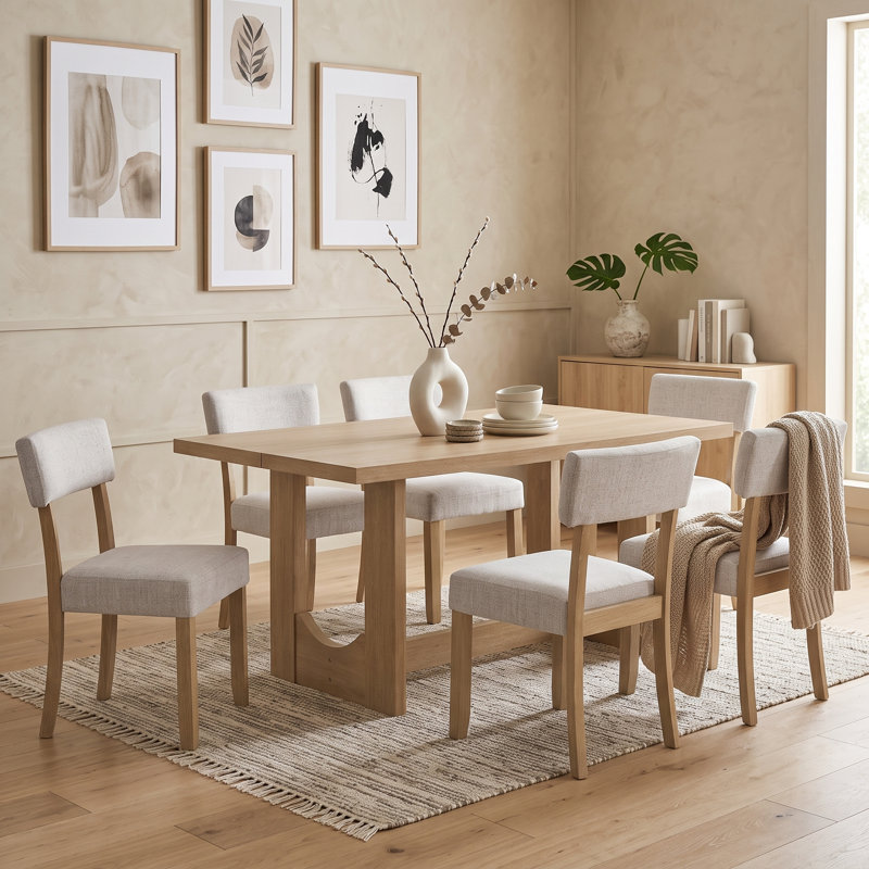 Ensemble de table de salle à manger 7 pièces pour 6 personnes avec table rectangulaire et six chaises ergonomiques rembourrées en lin