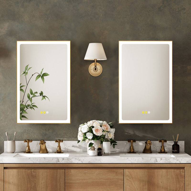 Maximes Recessed/Surface Mount Medicine Cabinet with Mirror, Defogger, Dimmer, Outlets & USBs and Interior Light, Gold