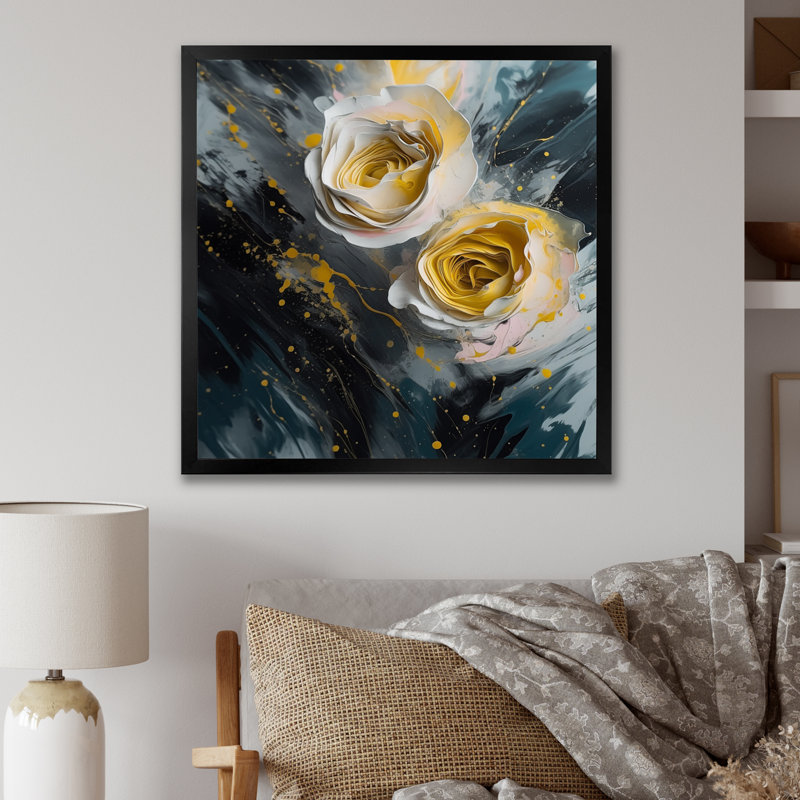 Tapisserie rose jaune III - impression, Cadre photo noir, H 16 po x l 16 po x P 1 po