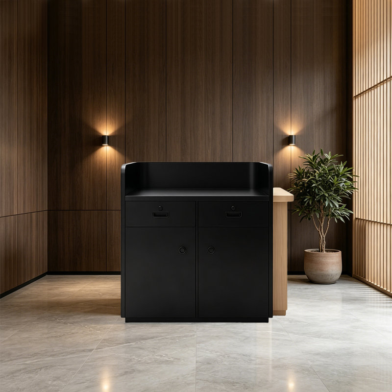 Bureau de réception et de réception peu encombrant avec rangement verrouillable sécuritaire et système de glissières silencieuses, bord en forme d'arc pour la sécurité, utilisation polyvalente dans les magasins, les cabinets ou les kiosques d'événements