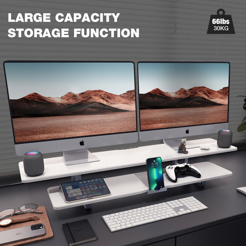 White Dual Monitor Stand with Storage and Cable Management