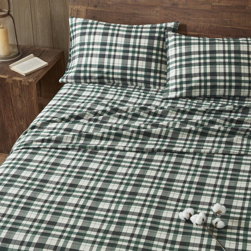 4 Pieces 100% Cotton Flannel Printed Sheet Set,Finton, Queen Sheet Set, Green Multi Plaid