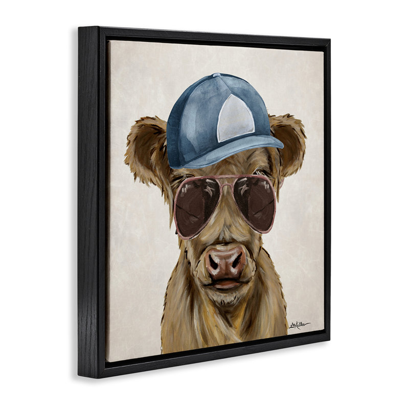 «Cool Bovins with Cap & Glasses», art mural encadré flottant, par Lee Keller, H 25 po x l 25 po, Cadre flottant noir de jais