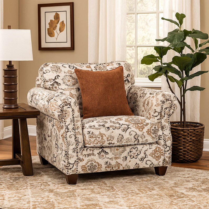 Fauteuil club Bonie, 1 coussin décoratif brun, motif en polyester taupe