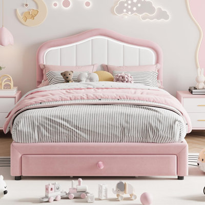 Lit pour filles avec tête de lit à DEL et tiroir de rangement, cadre de lit tapissier pleine grandeur à DEL avec tiroir de rangement, lit plateforme princesse pour enfants et jeunes, velours rembourré, assemblage facile