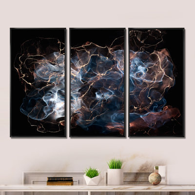 Art liquide noir et bleu sur fond bleu - impression sur toile flottante 3 pièces