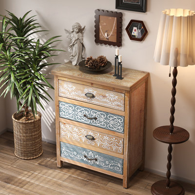 Commode vintage à 4 tiroirs en bois vieilli ornée de motifs décoratifs, meuble de rangement rustique pour chambre/salon
