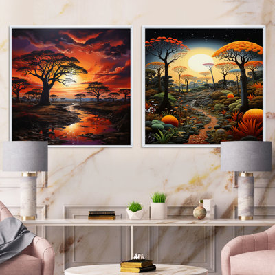 Sunset And Baobab Tree Landscape - Trees Square Collage Set Of 2