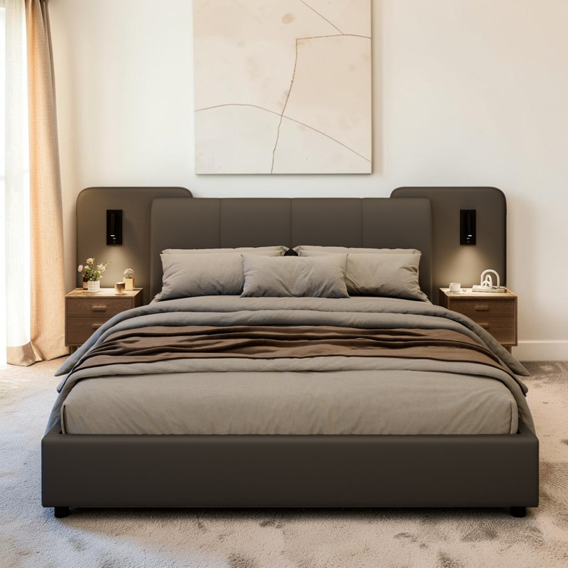 Upholstered Double Bed With Usb Charging - Storage Bed , Grey