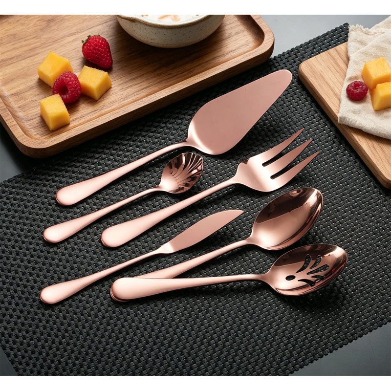 6-Piece Rose Gold Titanium Plated Stainless Steel Serving Set with Cake Server, Shiny Rose Gold