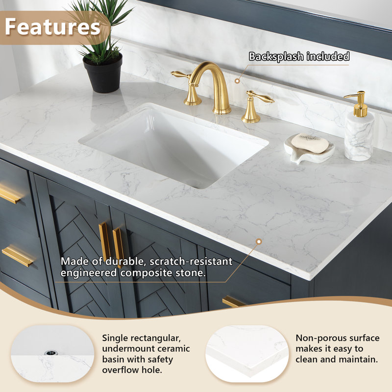 Ceres 49" White Engineered Stone Vanity Top with Sink