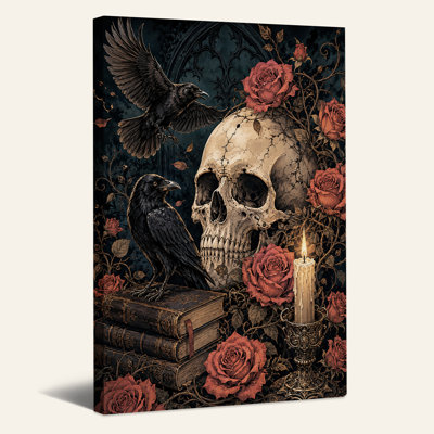 «Black Crows and Skull with Red Roses», art mural sur toile
