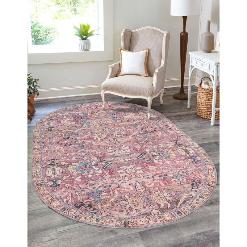 Tapis rose tissé à la machine Gwaltney, Ovale 5 pi 3 po x 8 pi