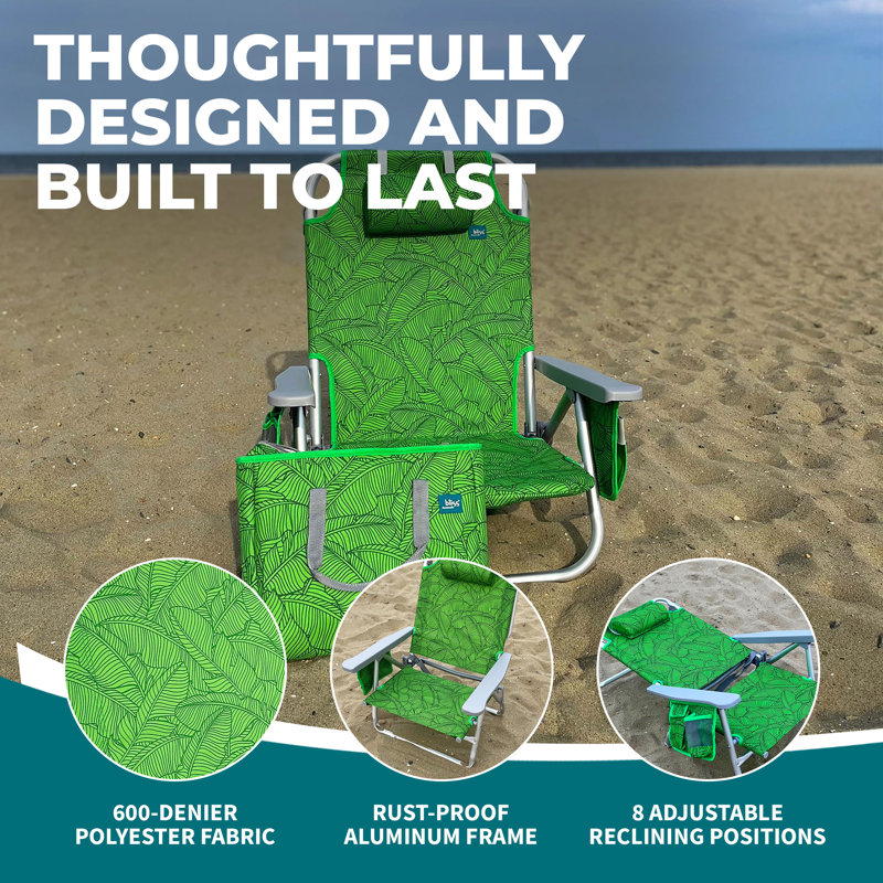  Folding Beach Chair Recliner with Detachable Cooler, Amber Leaf, Green Floral
