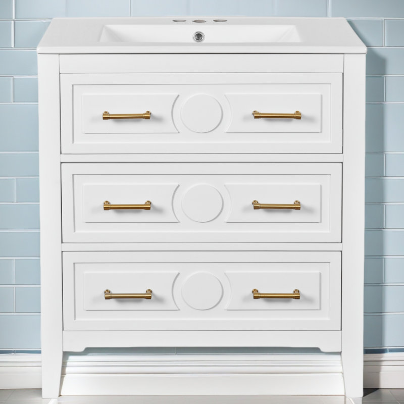 Ensemble de meuble-lavabo simple 30 po avec 3 tiroirs, meuble-lavabo autoportant avec cadre en bois massif 30 po, blanc