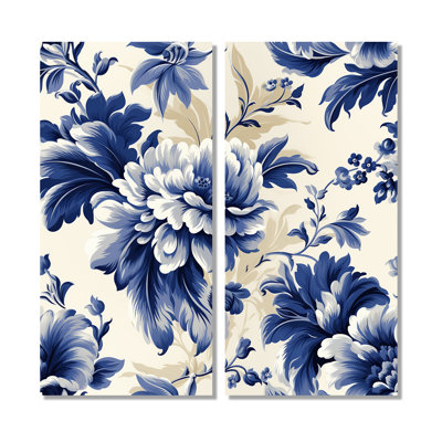 Regal bleu cobalt damassé II motif victorien - chalet mauve, art mural traditionnel 2 pièces