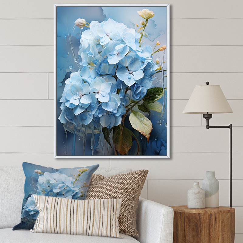 Blue Hydrangea Subtle Serenade " Blue Hydrangea Subtle Serenade ", 40" H x 30" W x 1.5" D, White Floater Framed