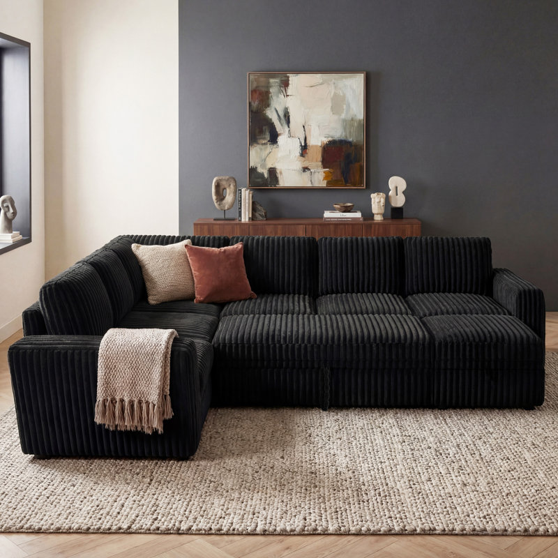 Hoelscher U Shaped Sleeper Corner Sectional Pull Out Sofa Bed With Storage Space, Velours côtelé noir