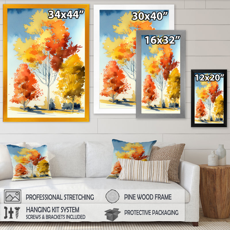 Automne, arbres dans la campagne - reproduction sur toile, Encadrement doré, H 44 po x l 34 po x P 1,5 po