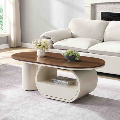 Table basse ovale de luxe, table basse de 47,24 po avec tiroir de rangement, table centrale en métal blanc pour le salon