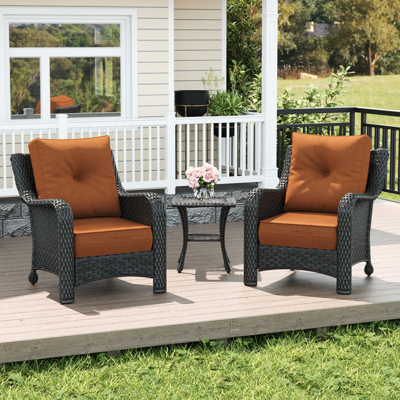3 Piece Wicker Outdoor Furniture Set With 6-inch Comfy Cushions, High Back Patio Furniture Set With Rattan Armchairs And Side Table