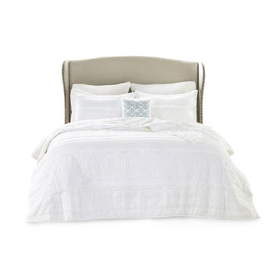 White Full/Queen Bedding With Graceful Ruffle Trim And Pillow - Bedroom Sophistication Soft Ruffled Quilt Coziness