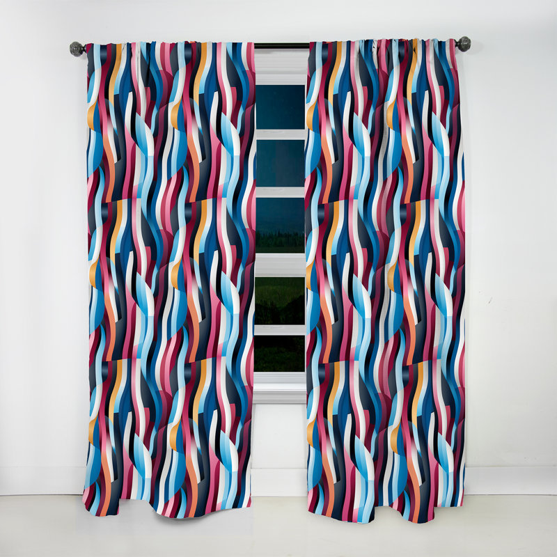 Rideau obscurcissant rayé bleu et rose à motif futuriste I - 1 panneaux, L 52 po x L 95 po