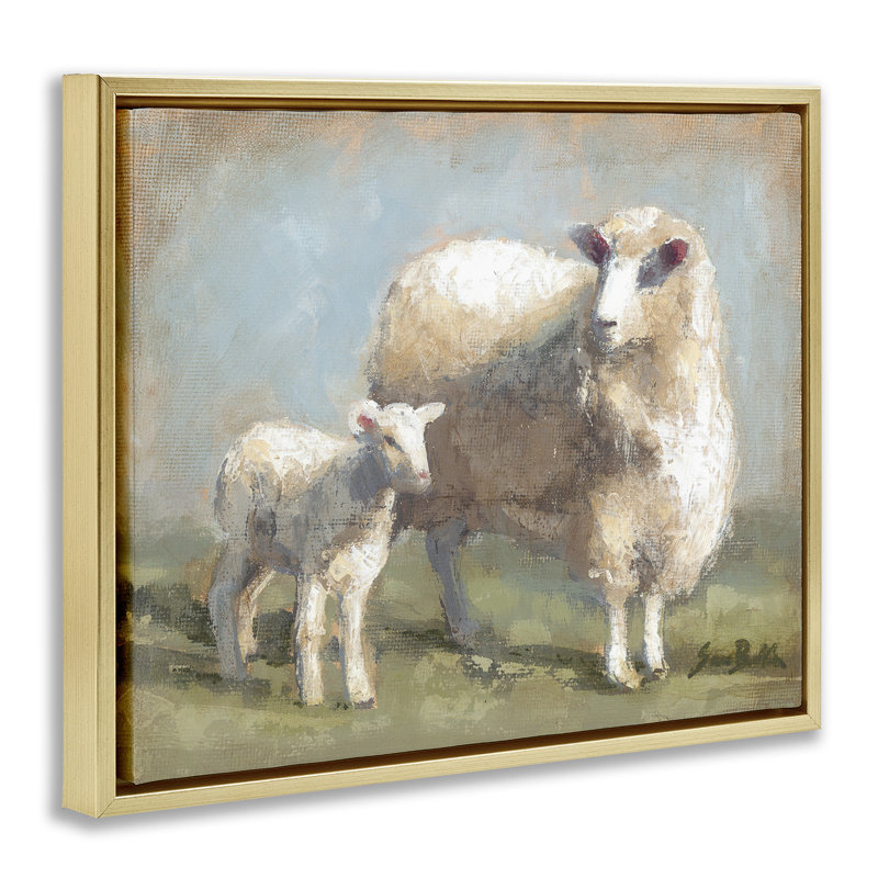 «Sheep Lamb Family Farm» par Sara Baker, peinture sur toile à cadre flottant, H 21 po x l 17 po