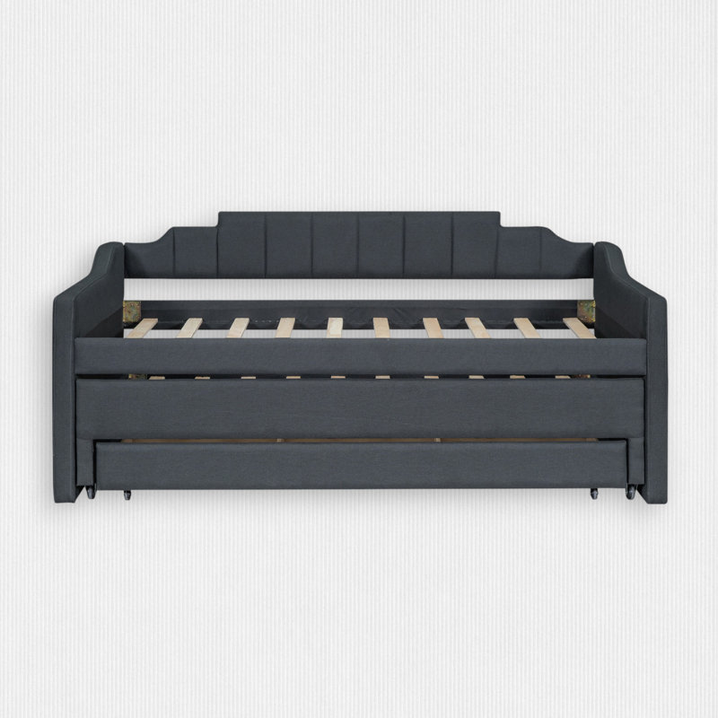 Lit plateforme tapissier avec lit gigogne et 3 tiroirs, Gris