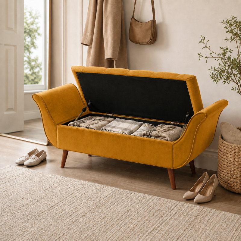 Velvet Upholstered Storage Bench, Brown