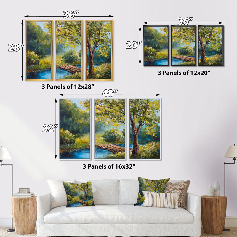«Summer Forest With Beautiful River», ensemble d'art mural sur toile encadré paysage, H 32 po x l 48 po, Cadre noir