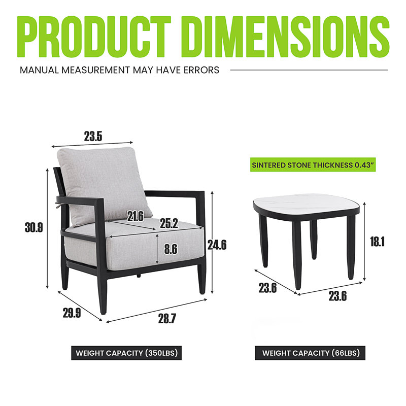 Ensemble de mobilier d'extérieur en aluminium 3 pièces avec causeuse Sunbrella et table d'appoint 23,6 po