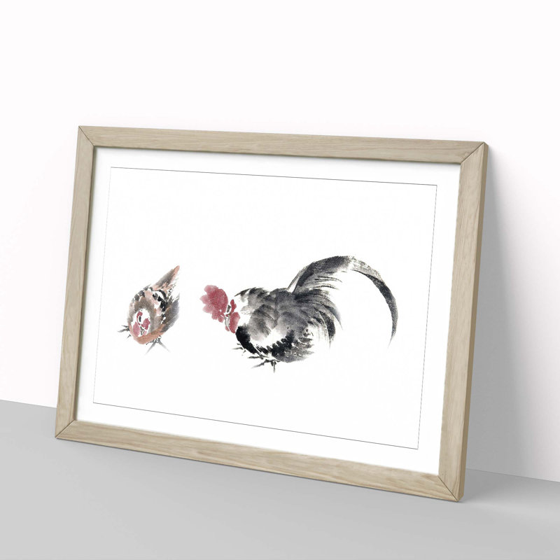 Rooster & Chicken by Katsushika Hokusai - Picture Frame Painting Print, Oak, 50cm H x 76cm W x 2cm D