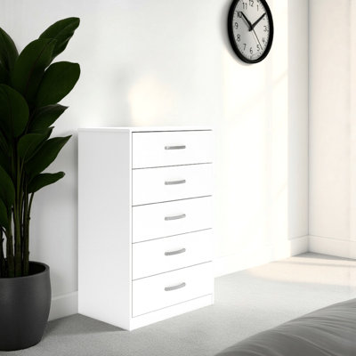 Commode haute Eriss, 5 tiroirs, bois blanc, métal argenté, 46 po
