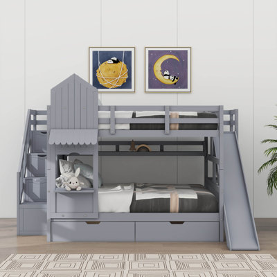 Lit superposé d'inspiration château, lit en bois avec 2 tiroirs et 3 tablettes, avec glissade et marches de rangement